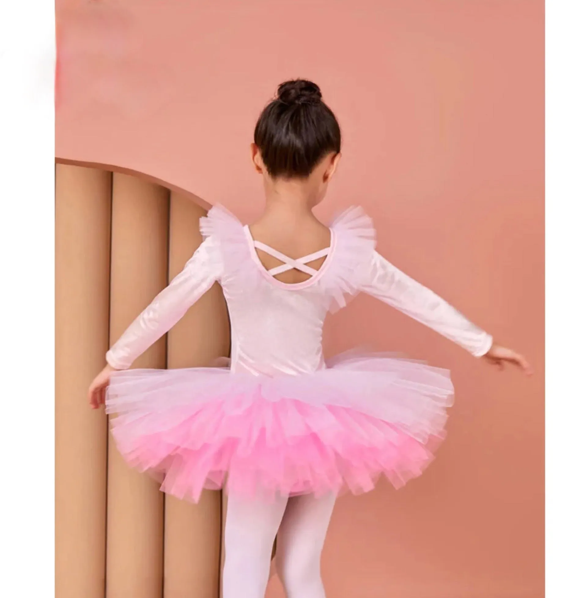 Girls Long-Sleeved Velvet Dance Tutu Leotard Ballet Costume