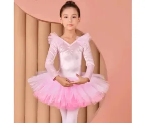 Girls Long-Sleeved Velvet Dance Tutu Leotard Ballet Costume