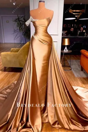 Gold Asymmetrical Neckline Overskirt Long Train Prom Dress