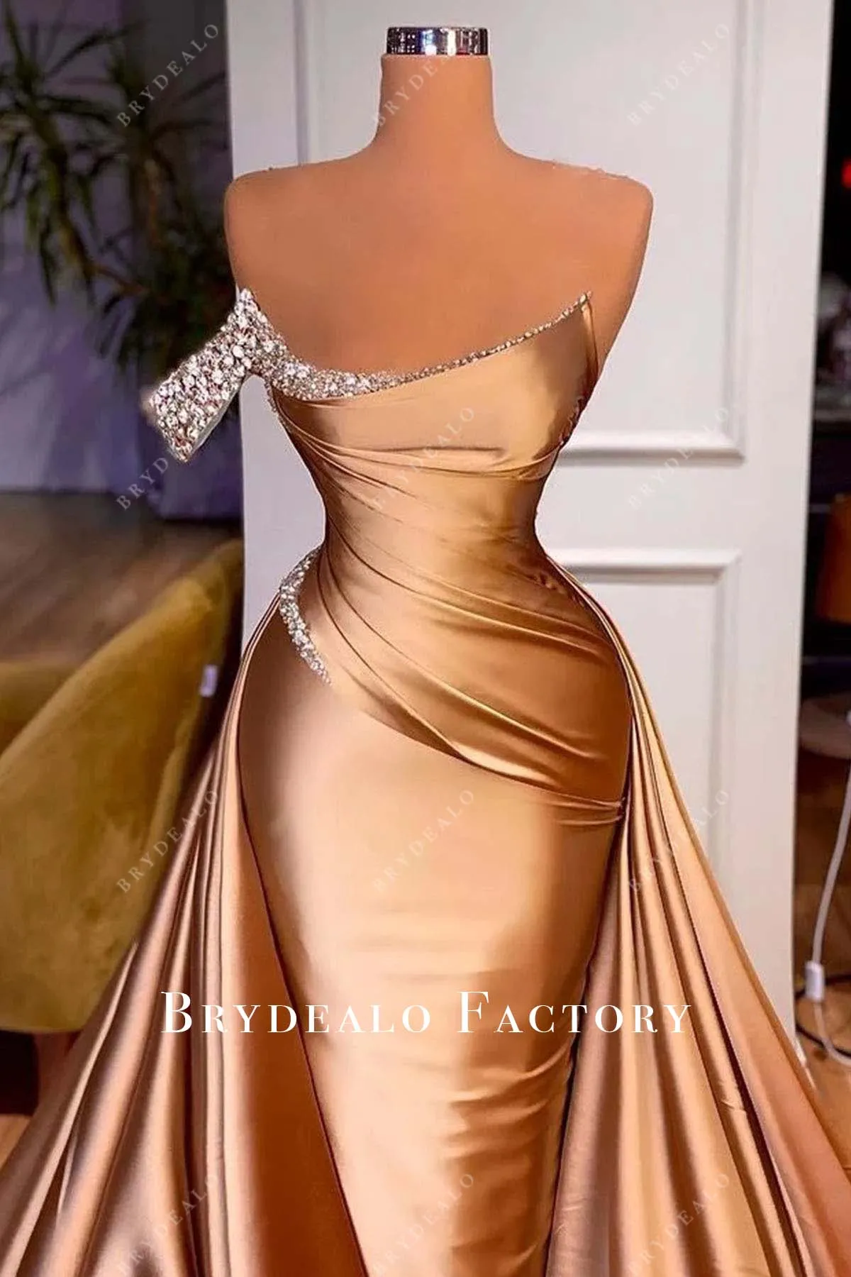 Gold Asymmetrical Neckline Overskirt Long Train Prom Dress