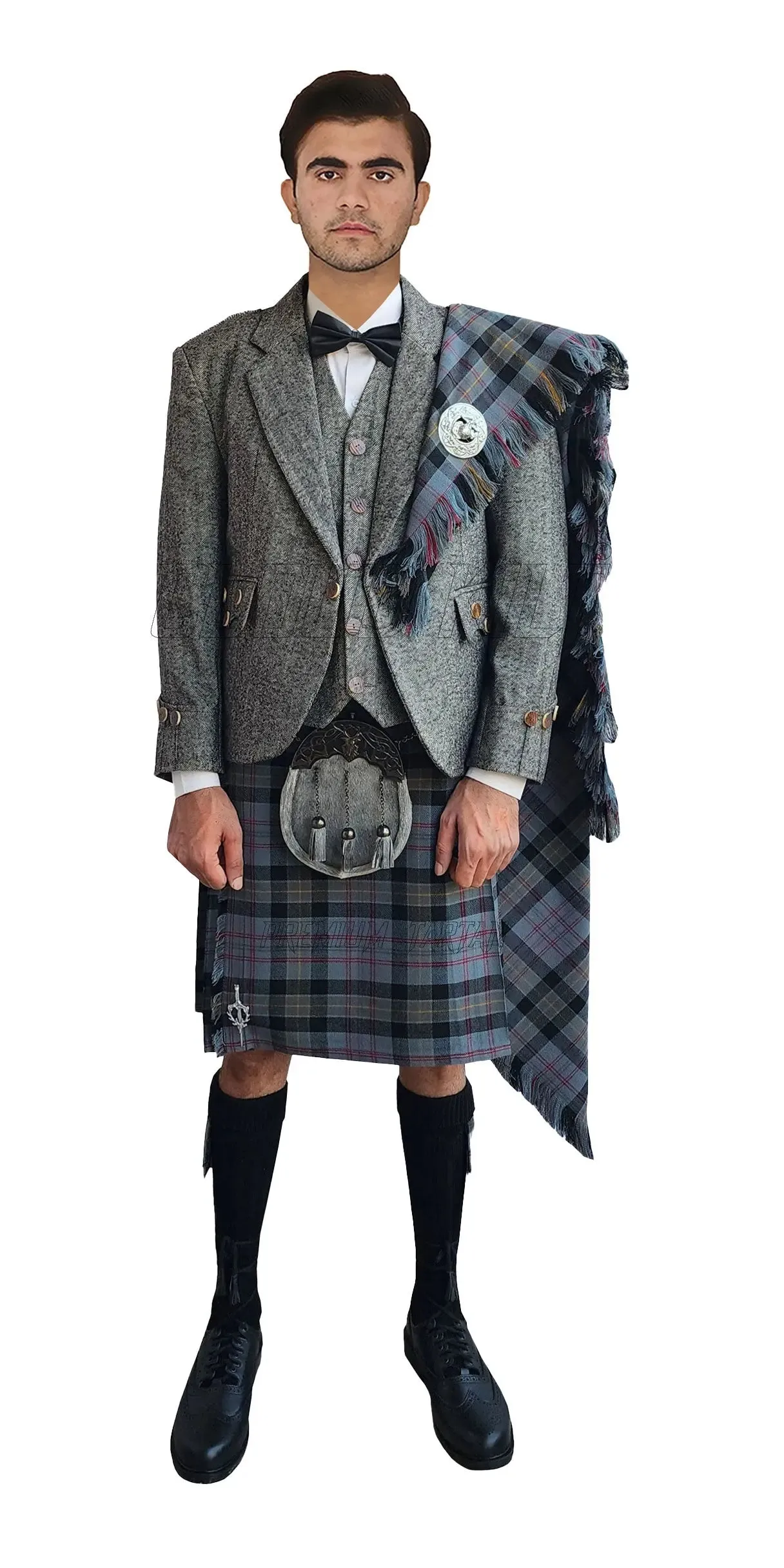 Gray Argyll Kilt Outfit With Harris Family Tartan Kilt