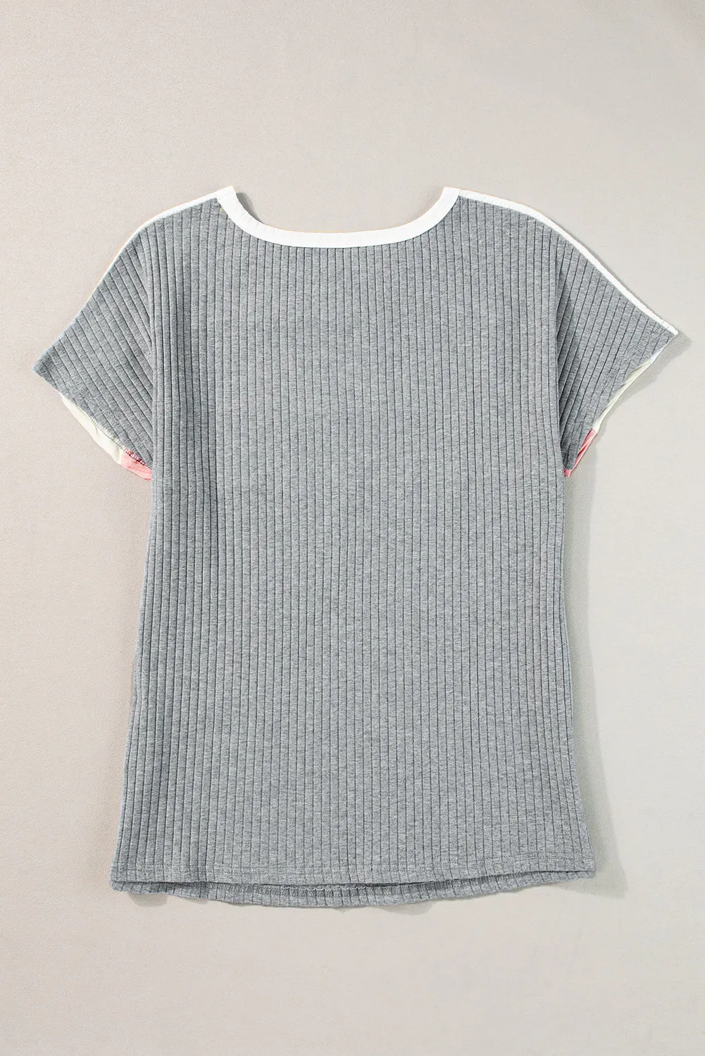 Gray Ribbed Color Block Patchwork T-shirt