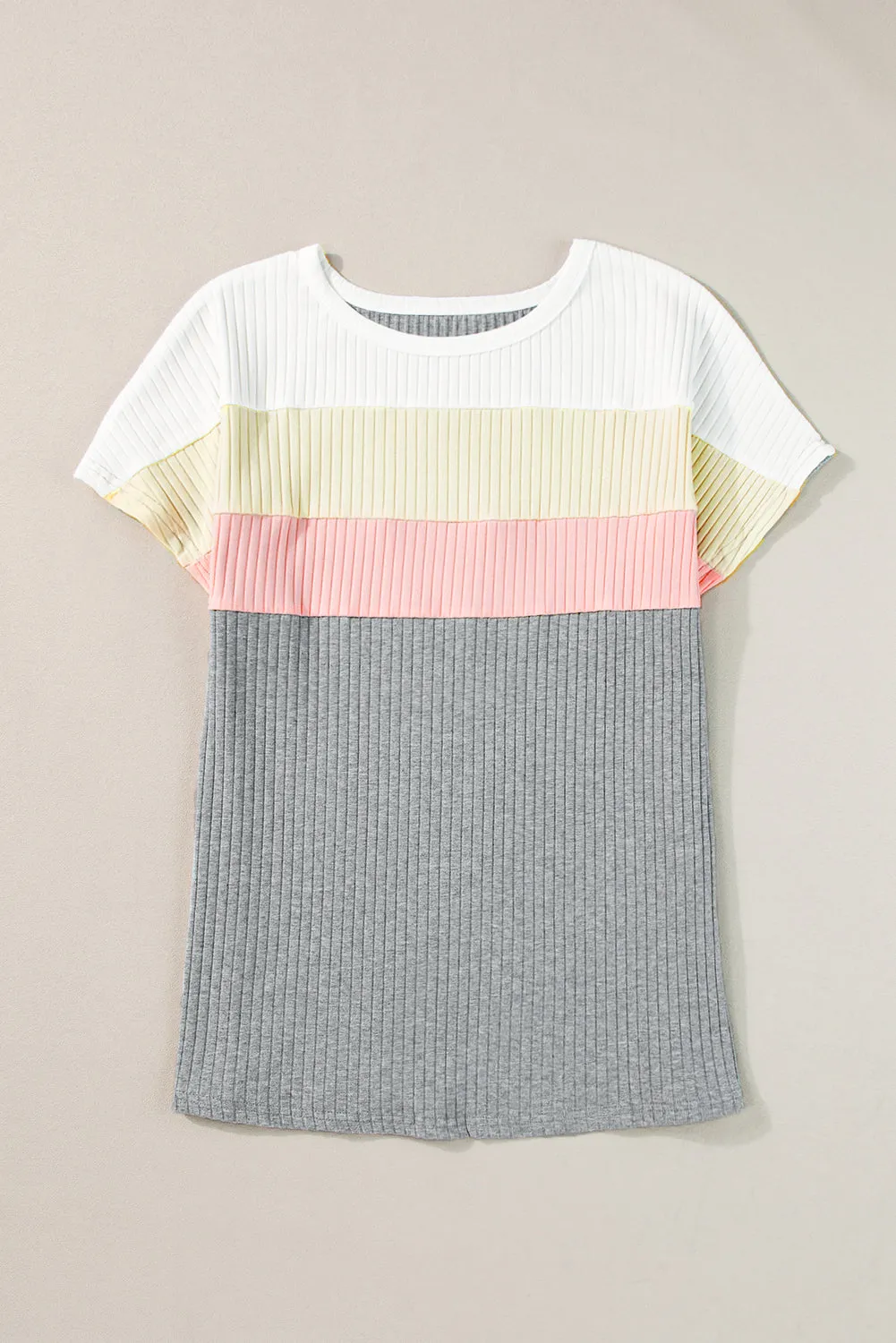 Gray Ribbed Color Block Patchwork T-shirt