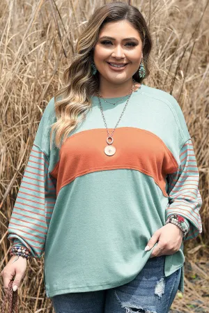 Green Plus Size Striped Long Sleeve Colorblock Tee with Slits