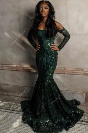 Green Sequin Off Shoulder Sleeved Customized Prom Dress