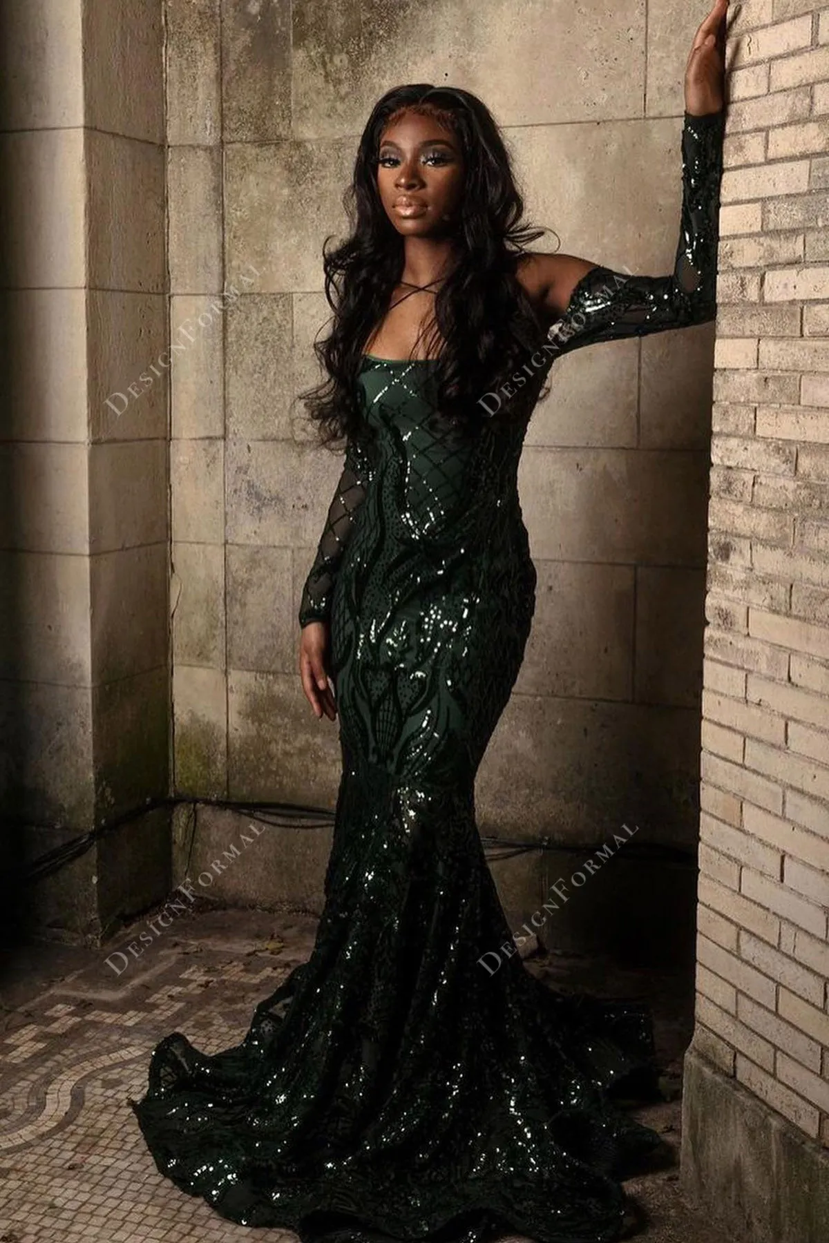 Green Sequin Off Shoulder Sleeved Customized Prom Dress