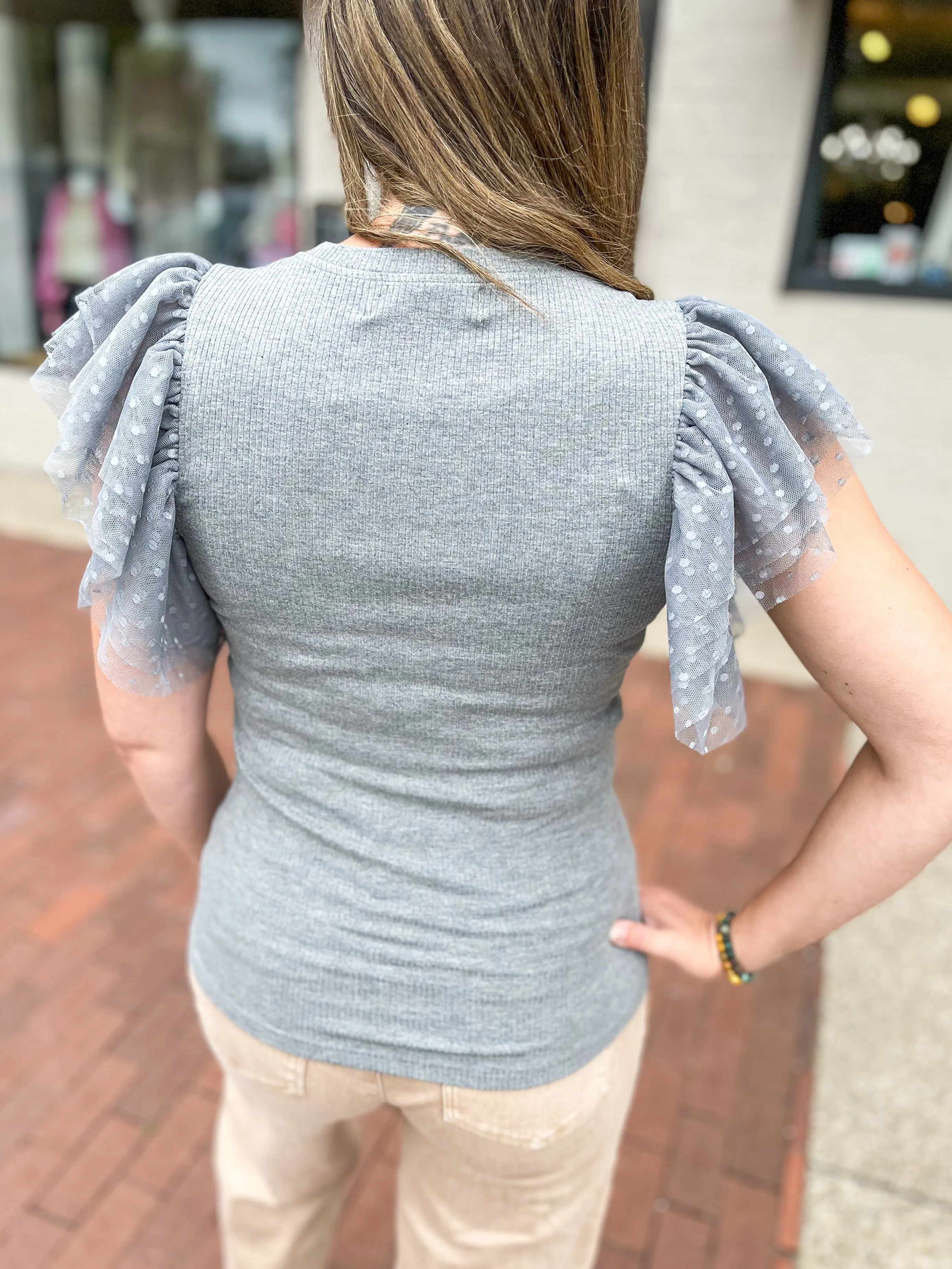 Grey Swiss Dot Ruffled Sleeve Top