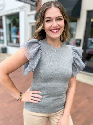 Grey Swiss Dot Ruffled Sleeve Top