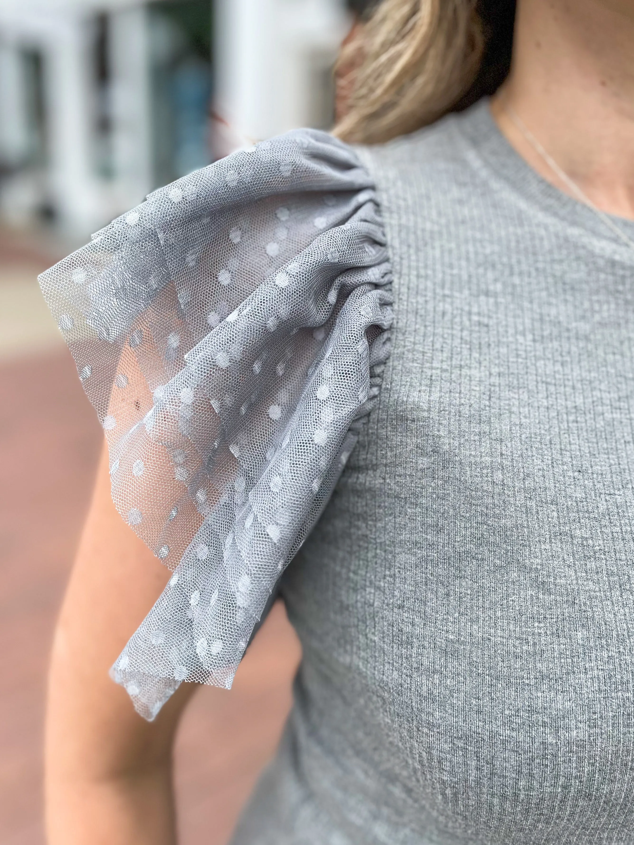 Grey Swiss Dot Ruffled Sleeve Top