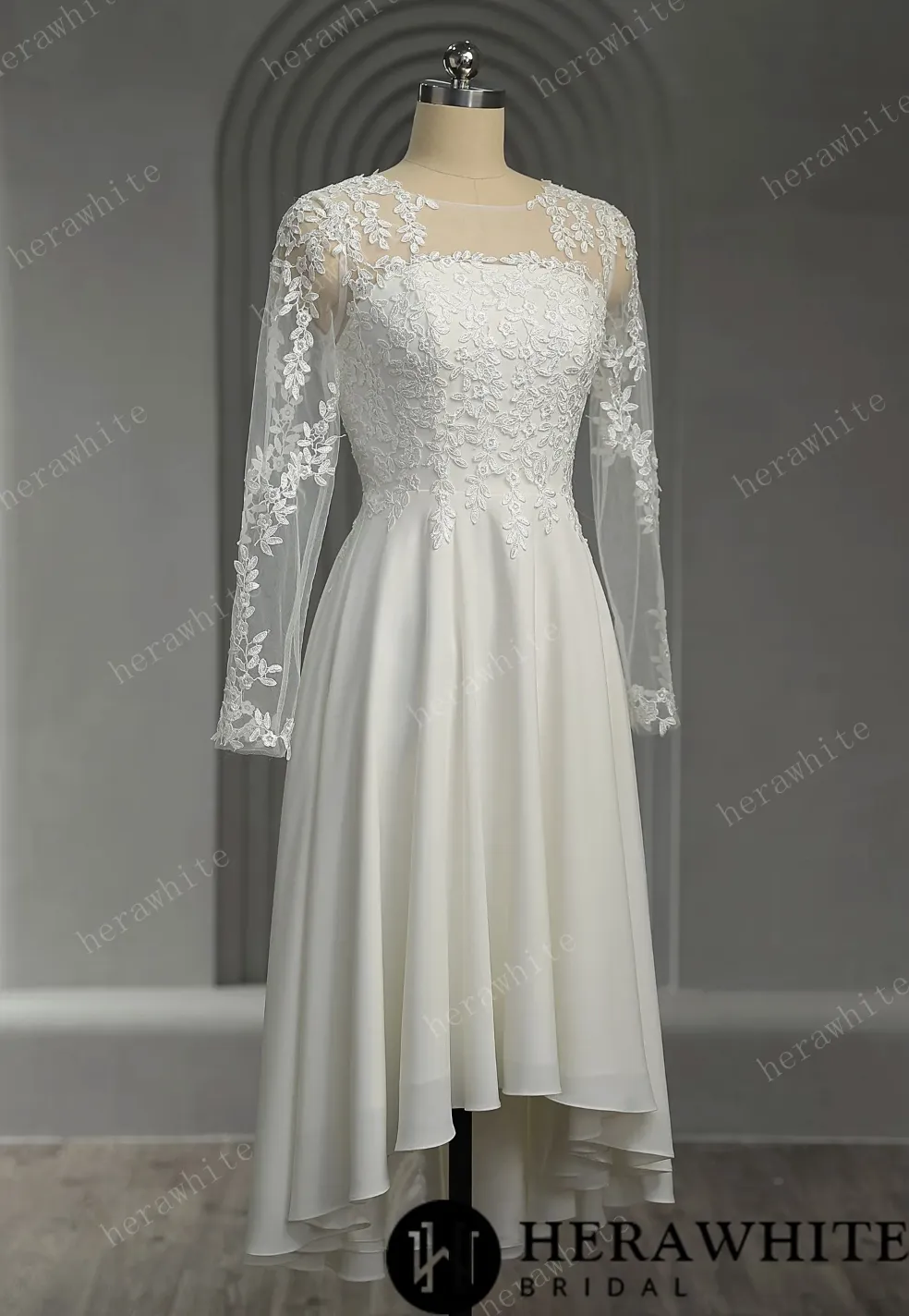 Illusion Lace Long Sleeves Tulle Short Wedding Dress