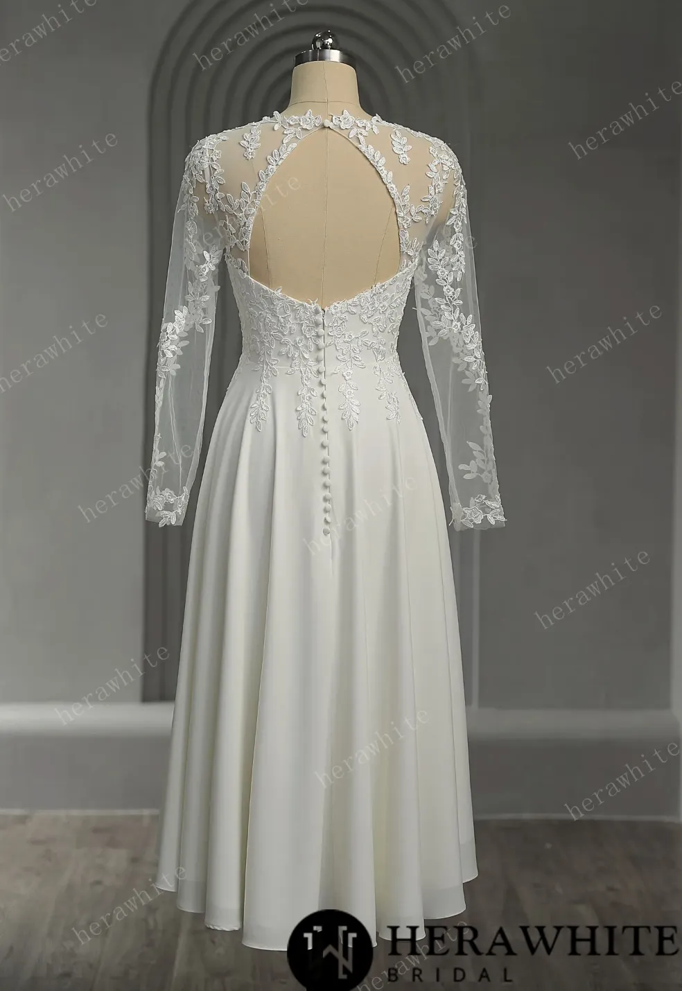 Illusion Lace Long Sleeves Tulle Short Wedding Dress