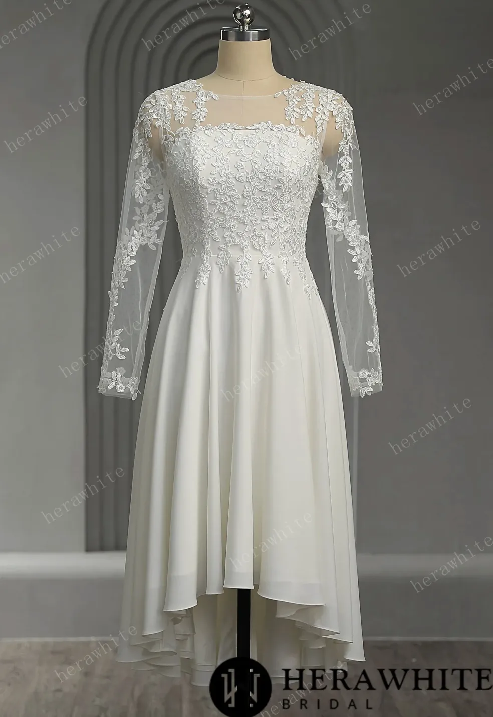 Illusion Lace Long Sleeves Tulle Short Wedding Dress