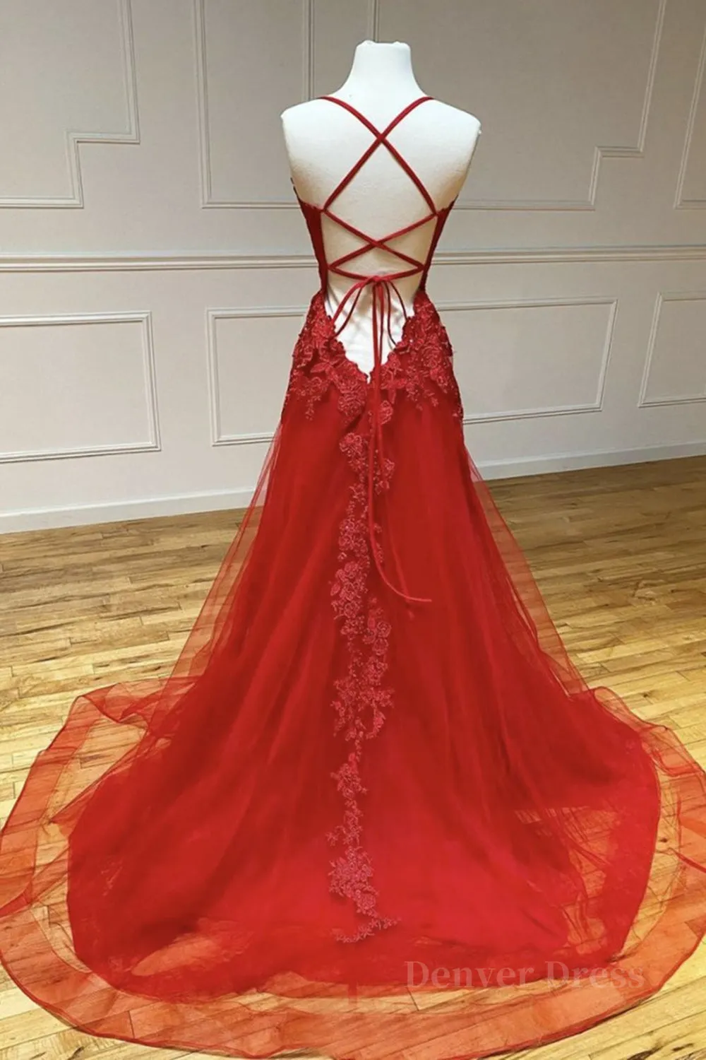 kamahe A Line Backless Red Lace Long Prom Dress, Long Red Lace Formal Dress, Red Evening Dress