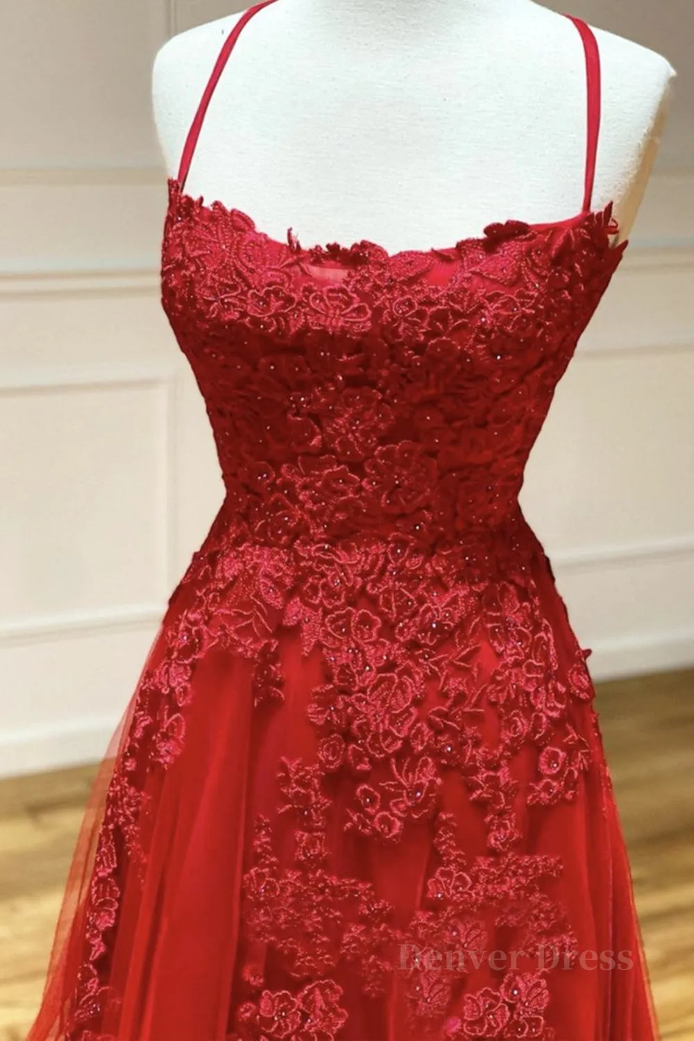 kamahe A Line Backless Red Lace Long Prom Dress, Long Red Lace Formal Dress, Red Evening Dress