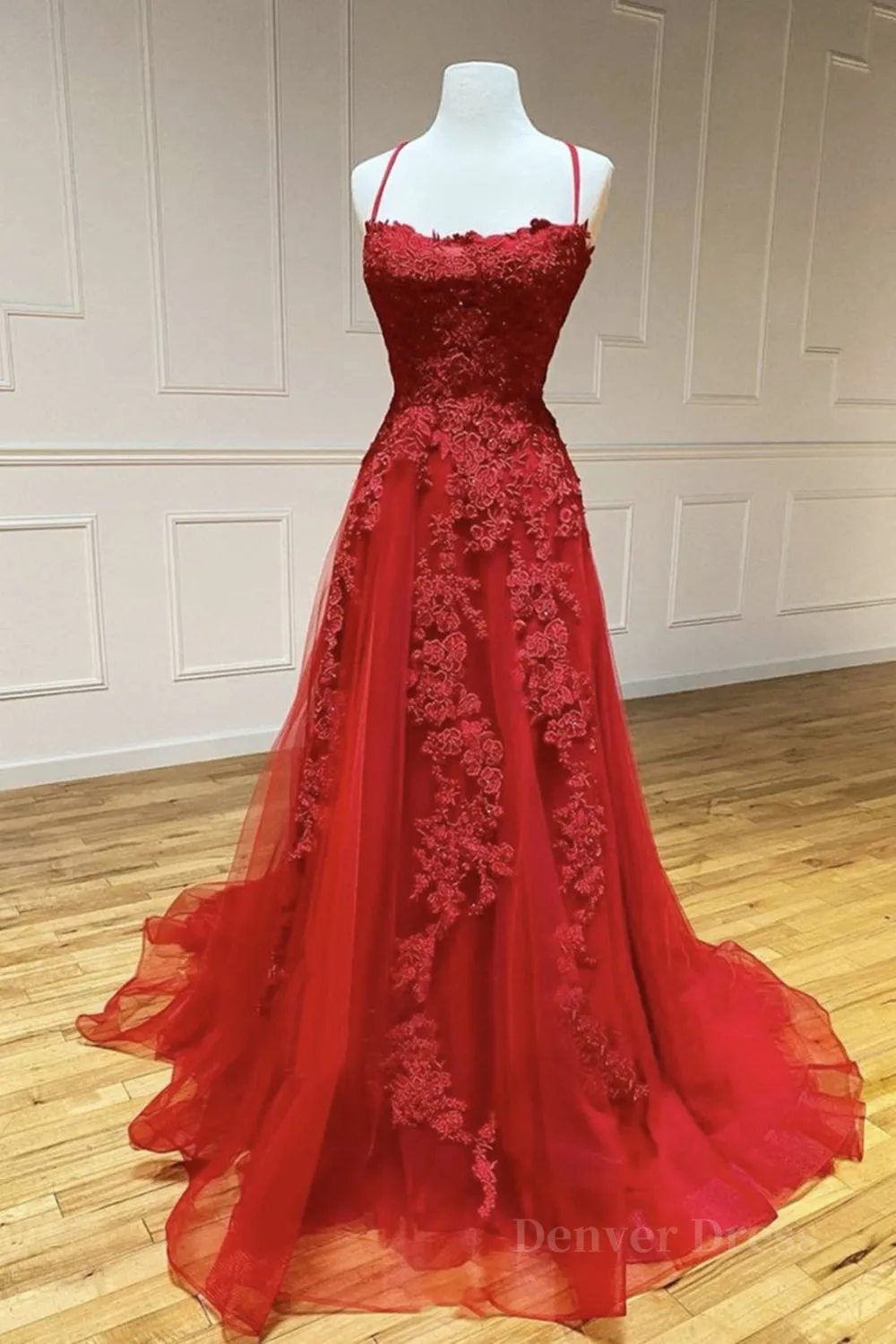 kamahe A Line Backless Red Lace Long Prom Dress, Long Red Lace Formal Dress, Red Evening Dress