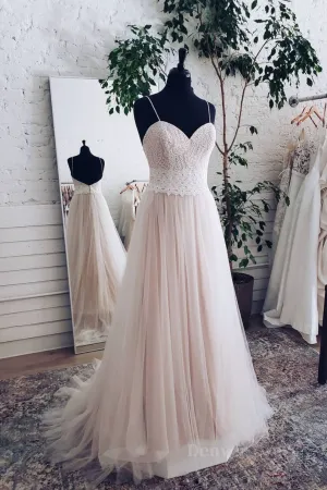 kamahe Champagne tulle sweetheart lace long prom dress tulle formal dress