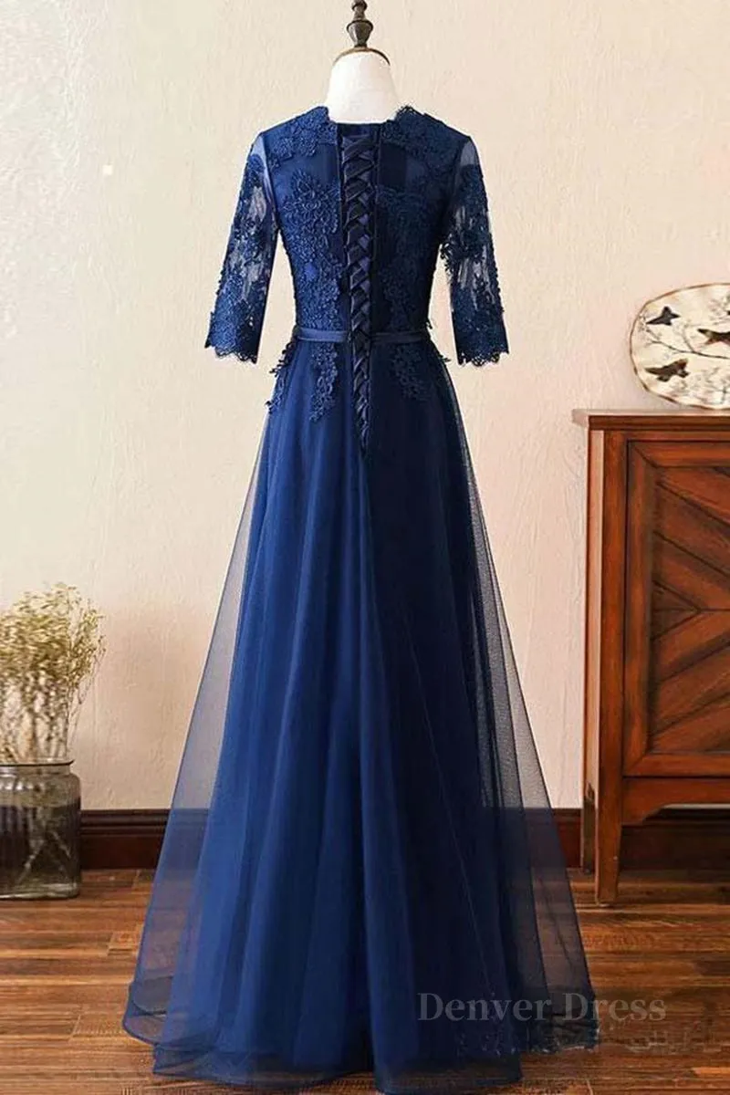 kamahe Custom Made Long Sleeves Navy Blue Lace Prom Dress, Long Sleeves Lace Bridesmaid Dress, Long Sleeves Navy Blue Lace Formal Graduation Evening Dress