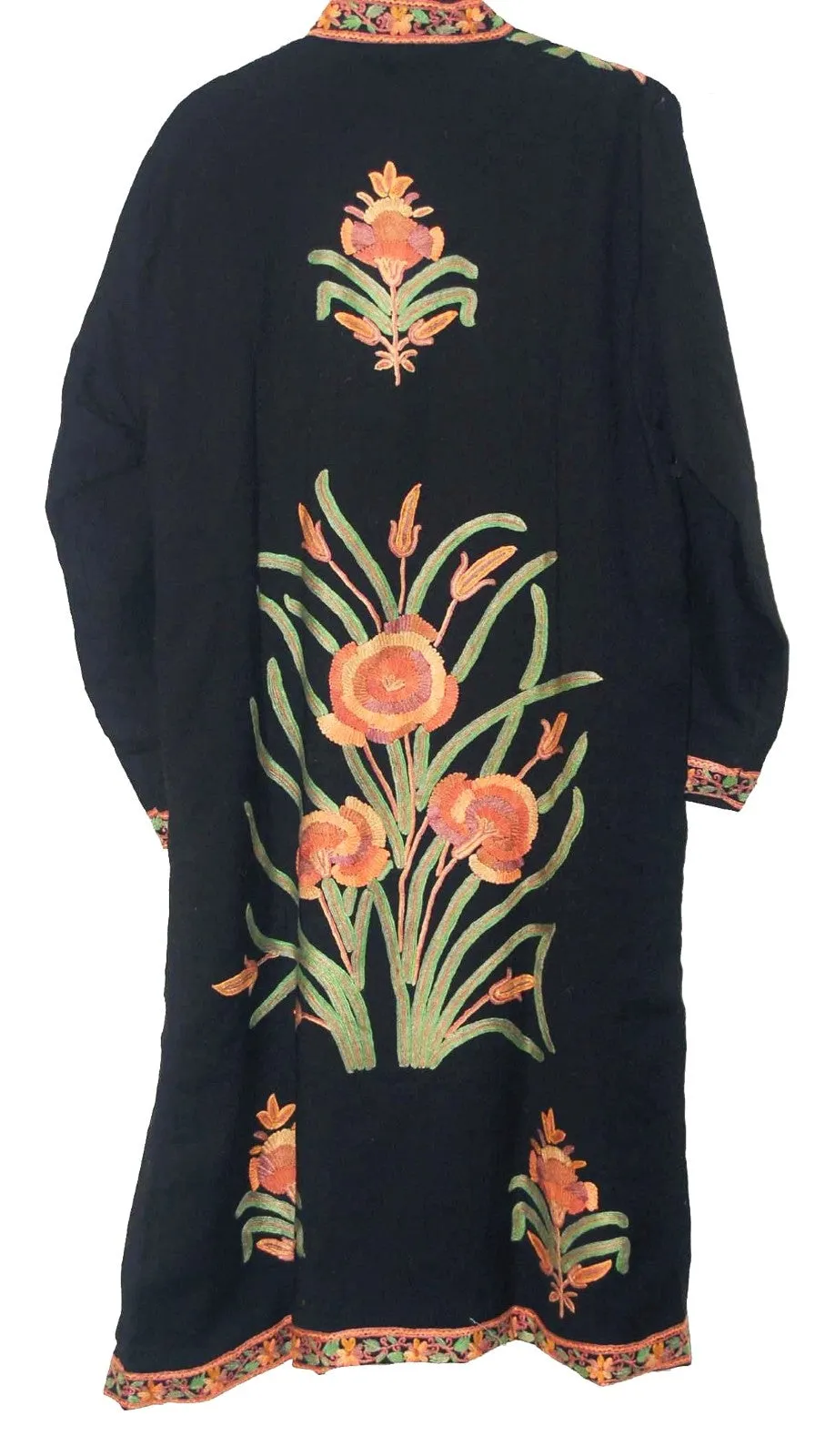 Kashmiri Woolen Coat Black, Multicolor Embroidery #AO-1212