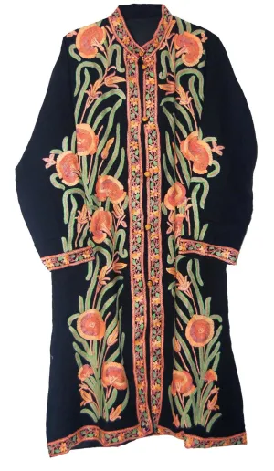 Kashmiri Woolen Coat Black, Multicolor Embroidery #AO-1212