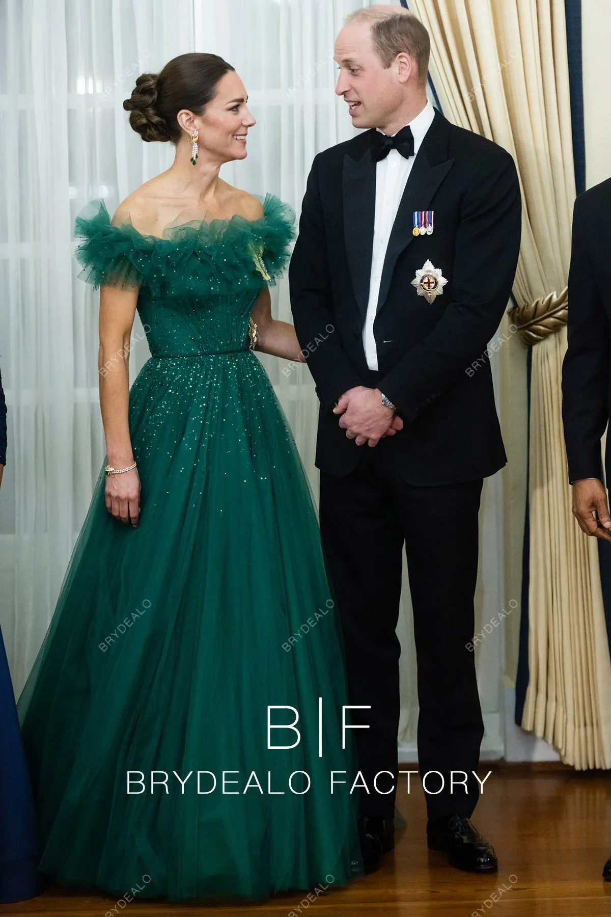 Kate Middleton Dark Green Glitter Off Shoulder Formal State Dinner Dress