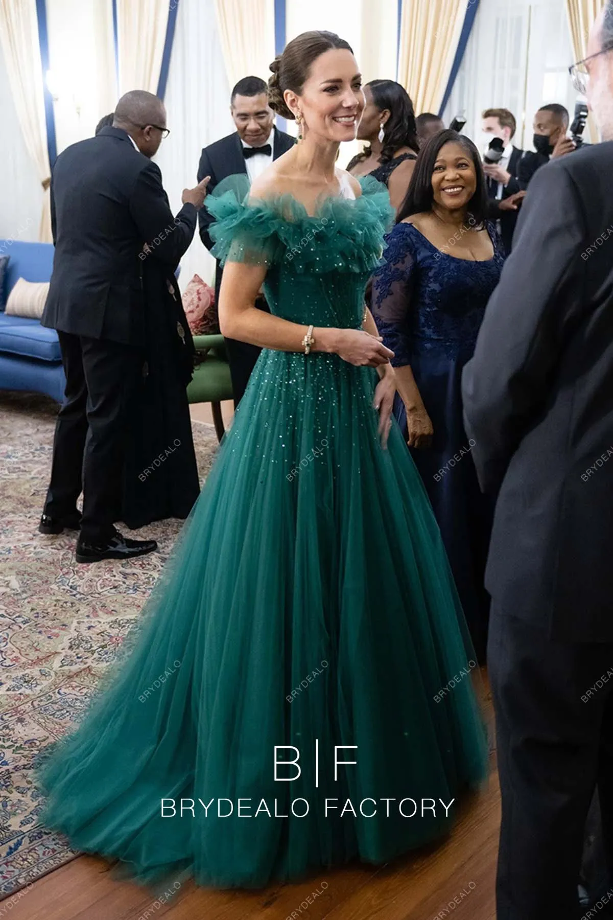 Kate Middleton Dark Green Glitter Off Shoulder Formal State Dinner Dress