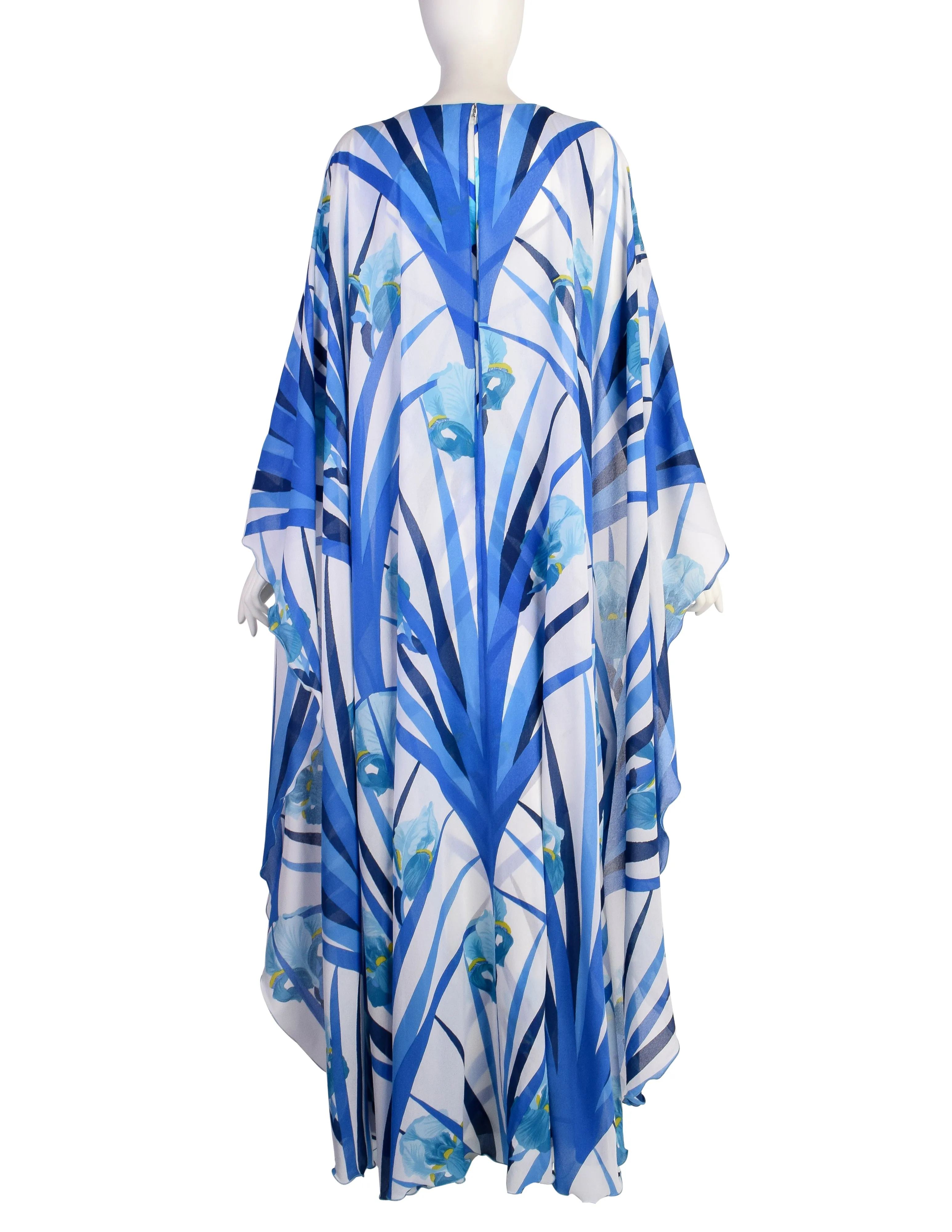 La Mendola Vintage 1970s Stunning White Blue Orchid Floral Jersey Dress