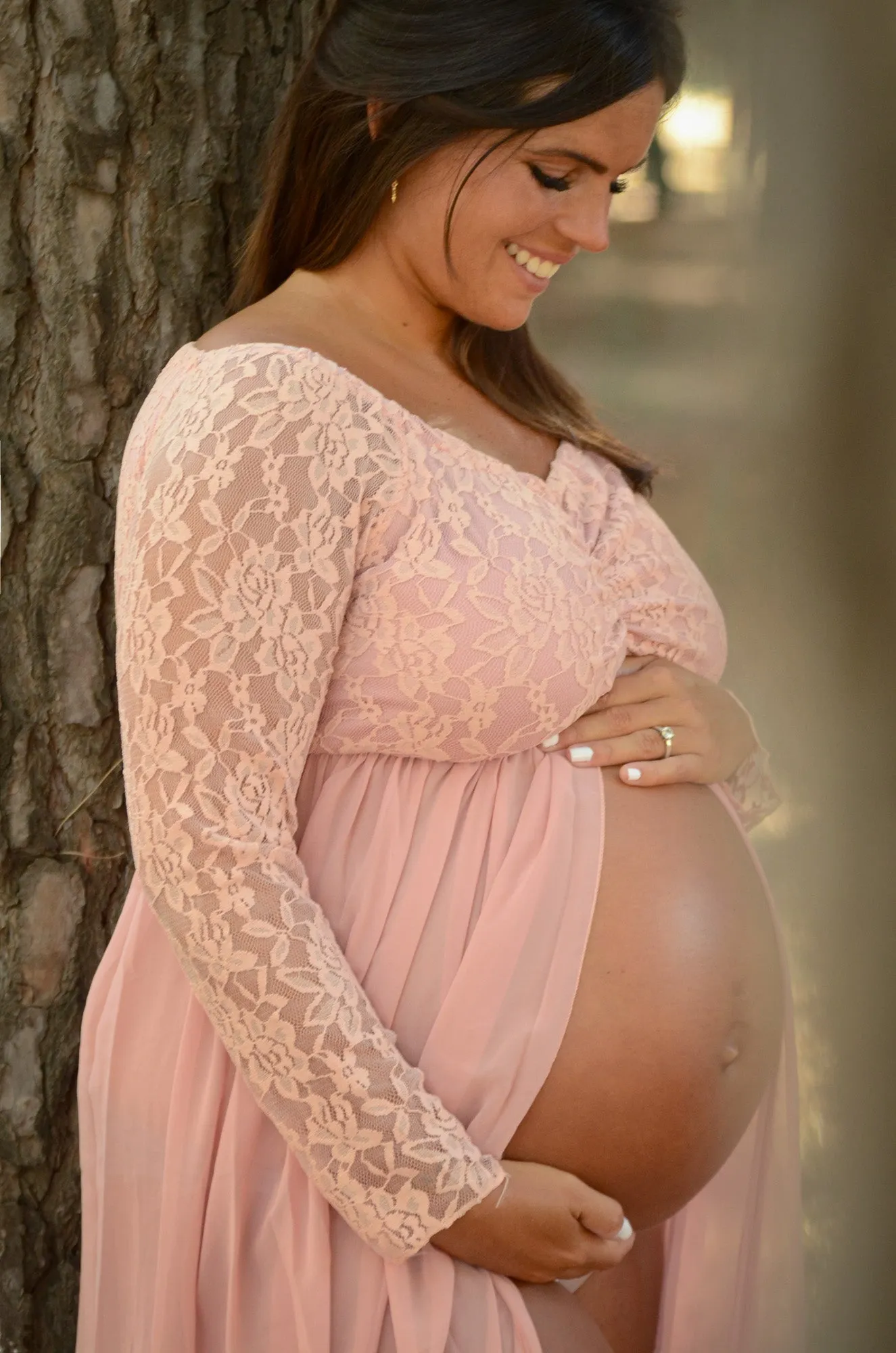 Lace Long Sleeve and Chiffon Dress - Open Belly