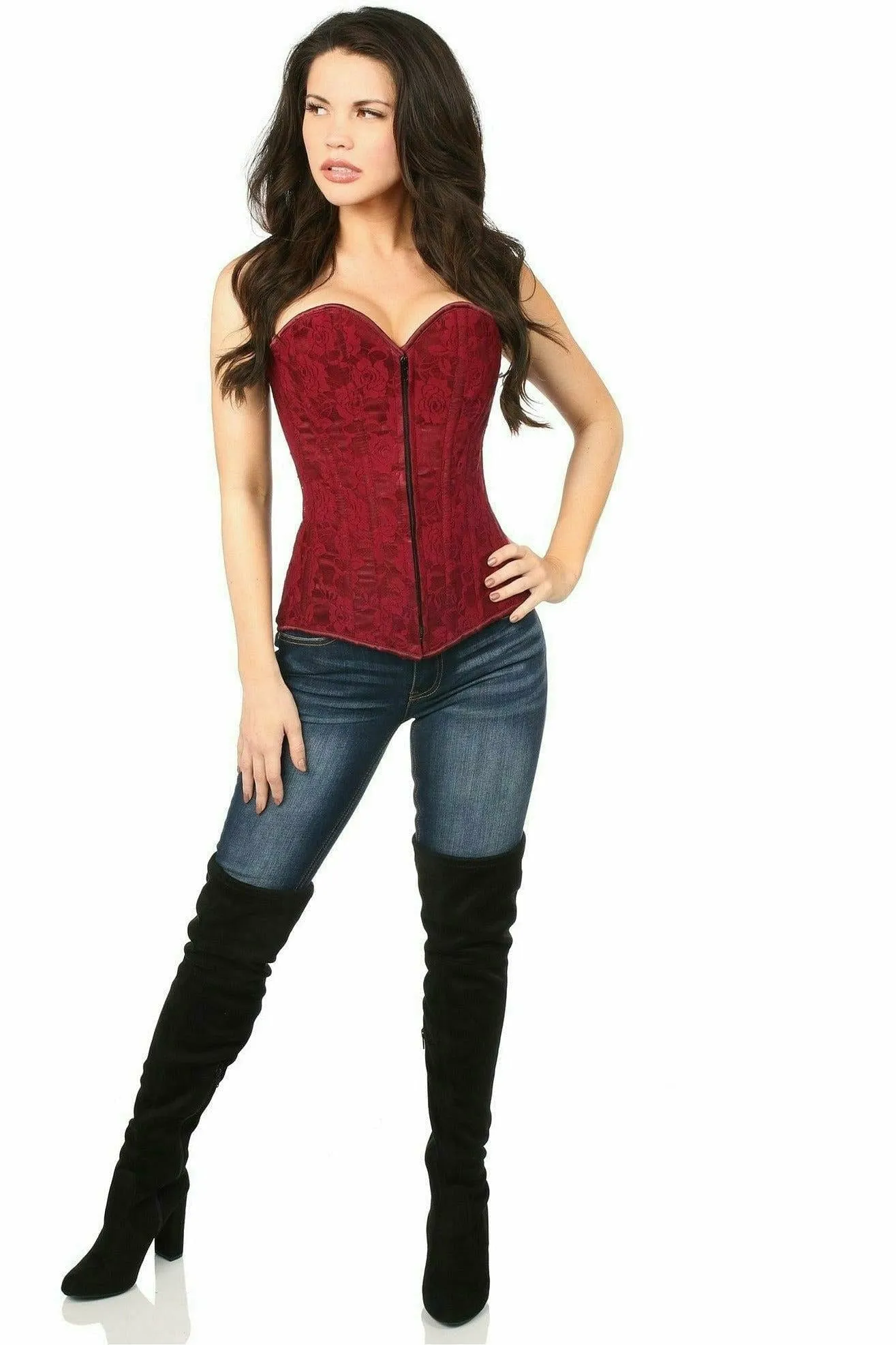 Lavish Wine Lace Overbust Corset w/Zipper