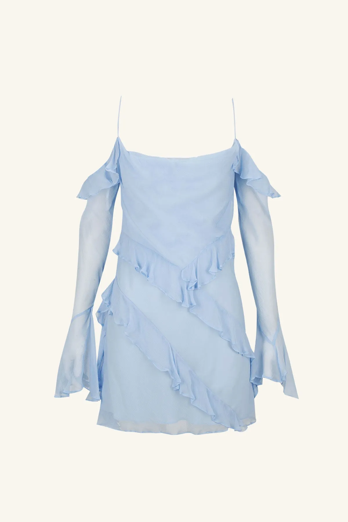 LAYLA LONG SLEEVE RUFFLE MINI DRESS - SKY