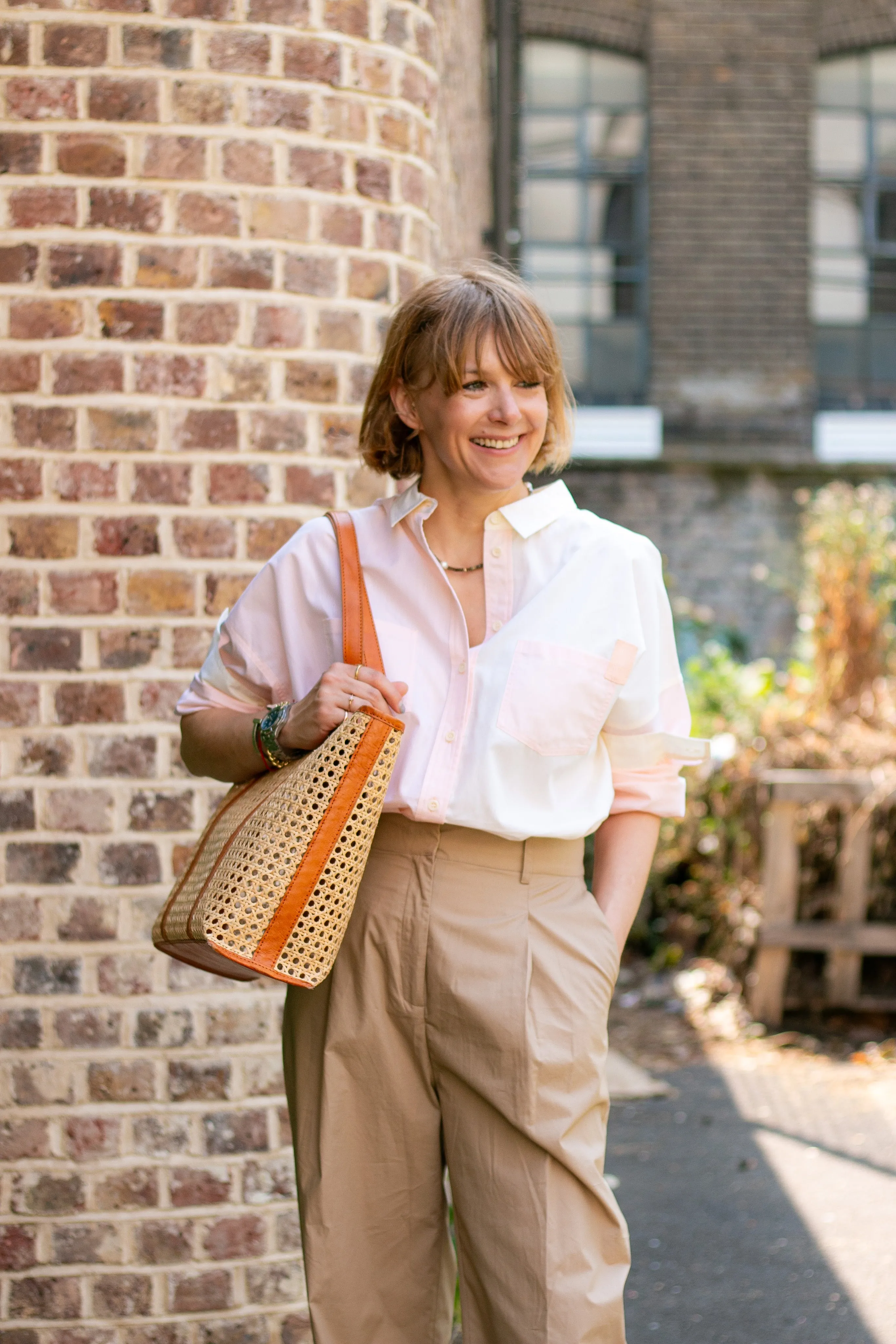 Lela Patchwork Shirt in Pastel Orange/Yellow Cotton by Saywood