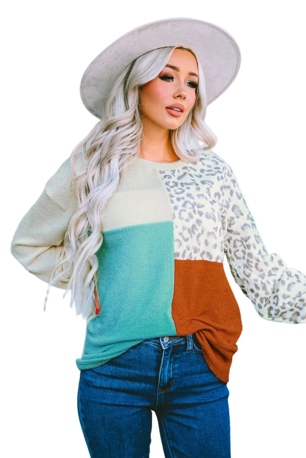 Leopard Patchwork Color Block Ribbed Long Sleeve Top