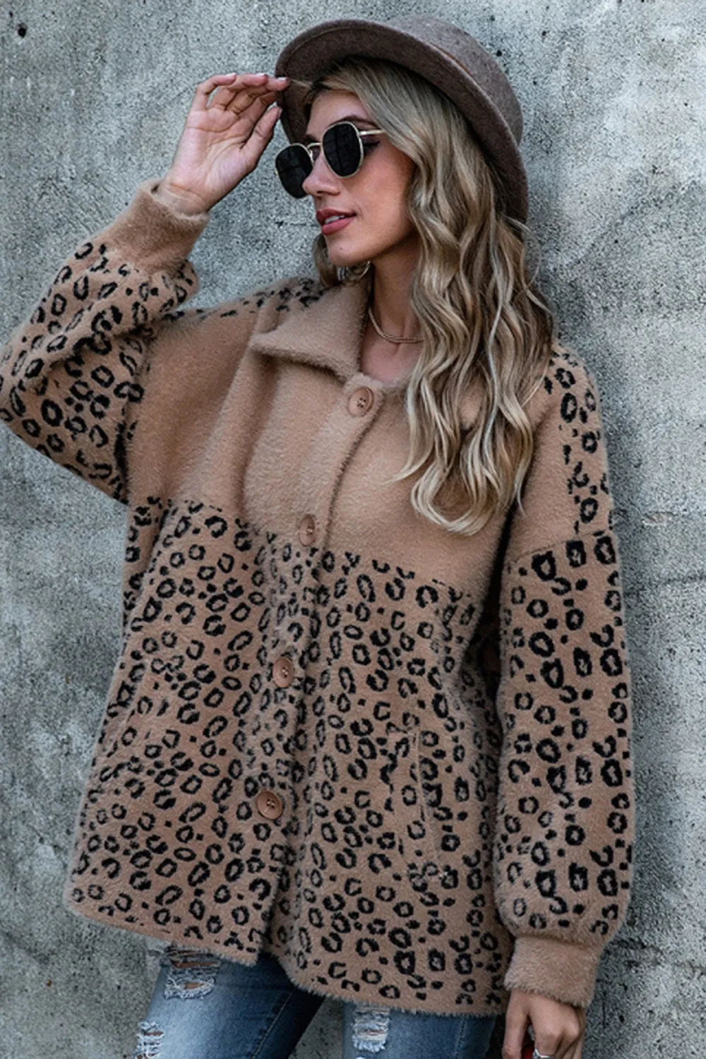 Leopard Print Stitching Button Plush Coat