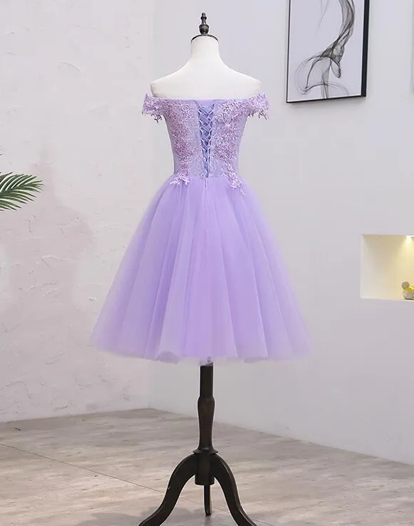 Light Purple Lace And Tulle Off The Shoulder Homecoming Dress