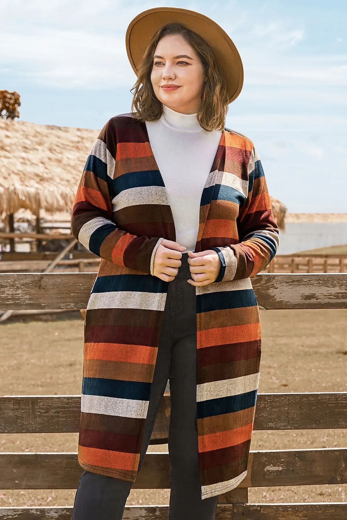 Long Striped Pocket Long Sleeves Coat