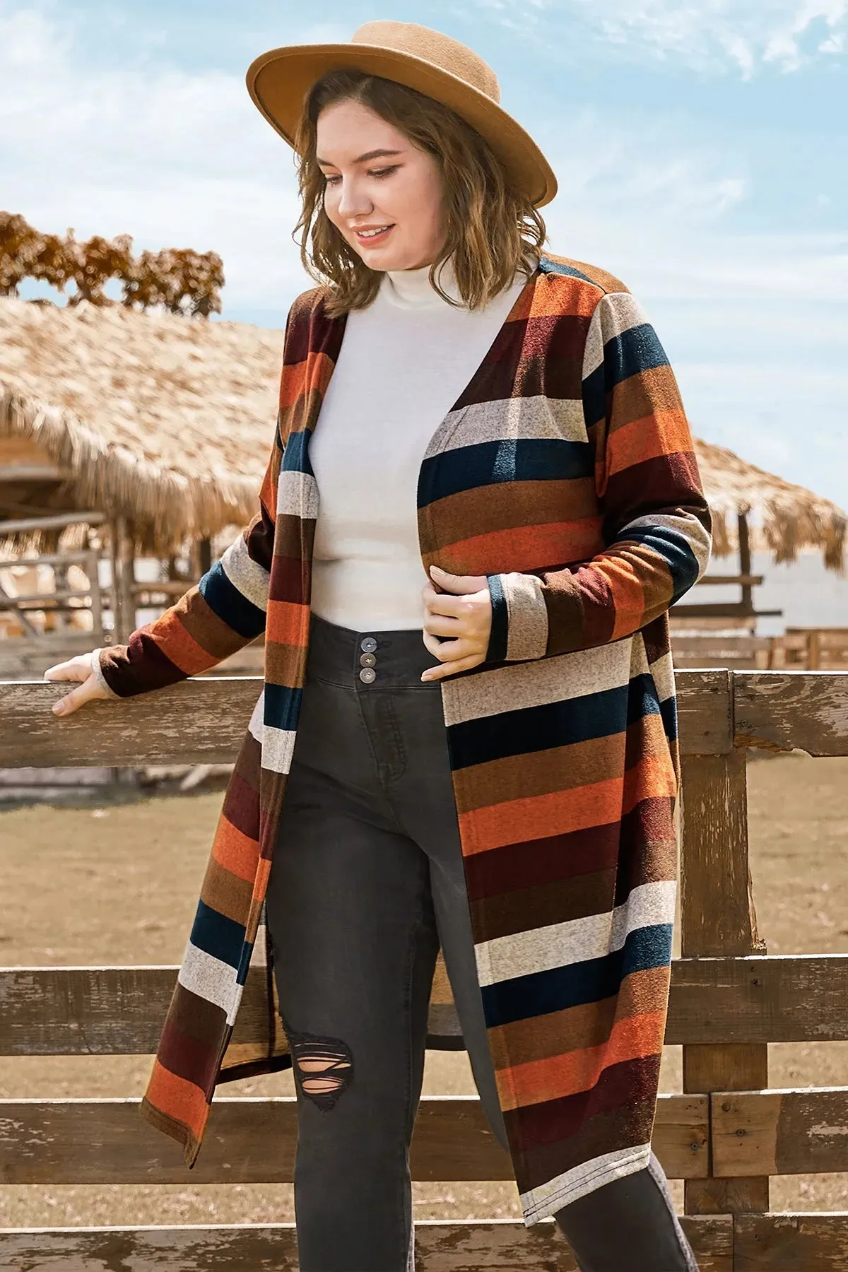 Long Striped Pocket Long Sleeves Coat