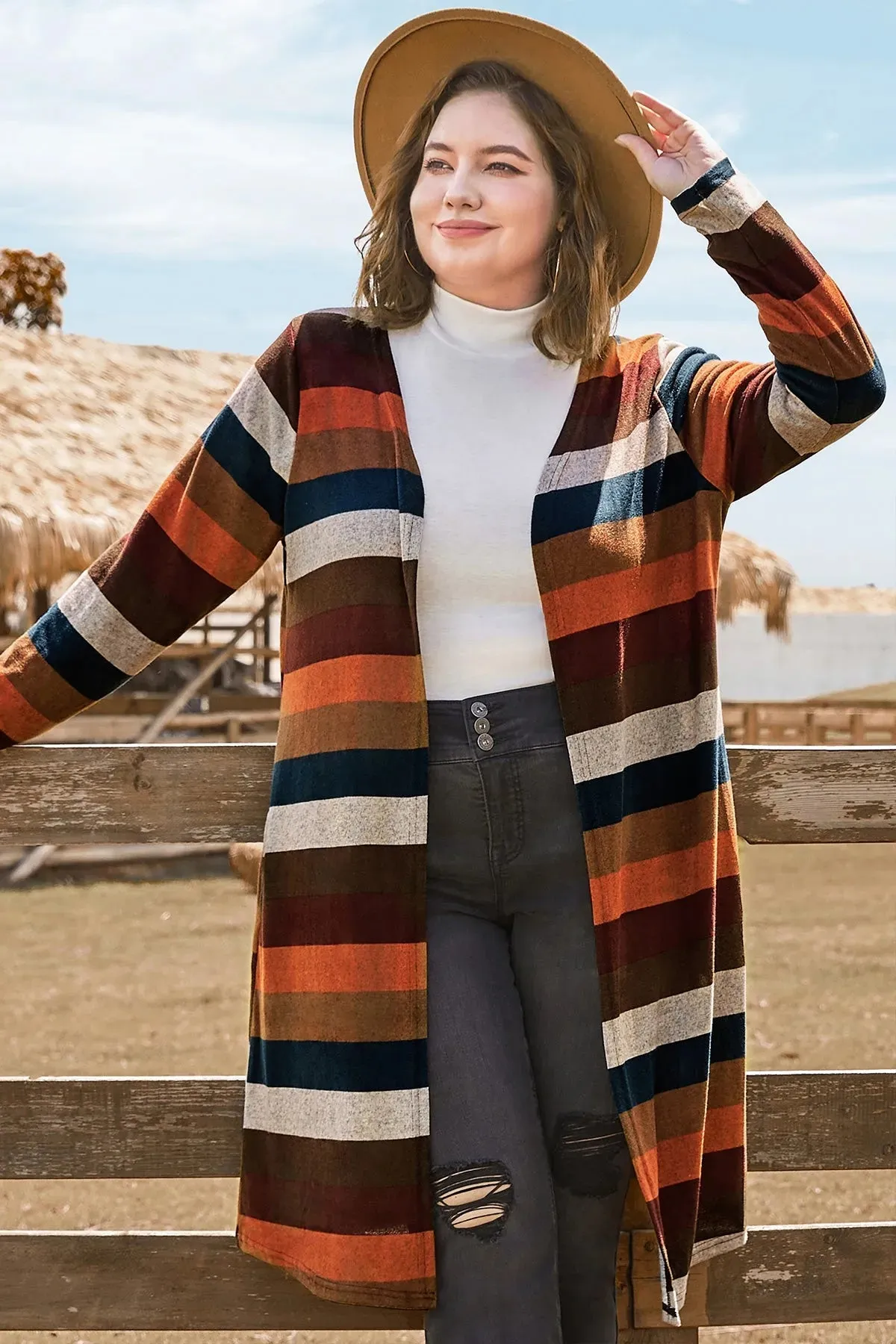 Long Striped Pocket Long Sleeves Coat