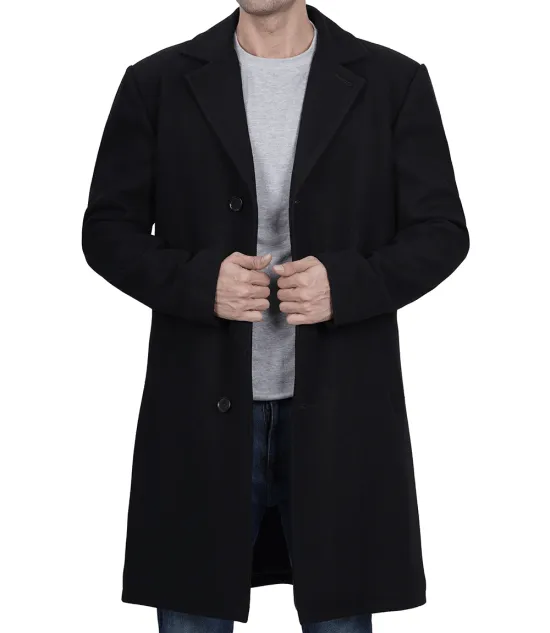 Mens Modern Fit Long Length Wool Black Topcoat