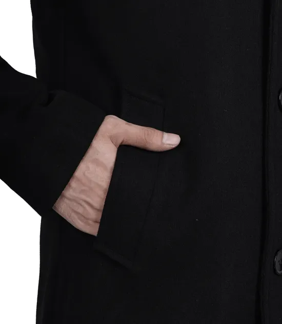 Mens Modern Fit Long Length Wool Black Topcoat