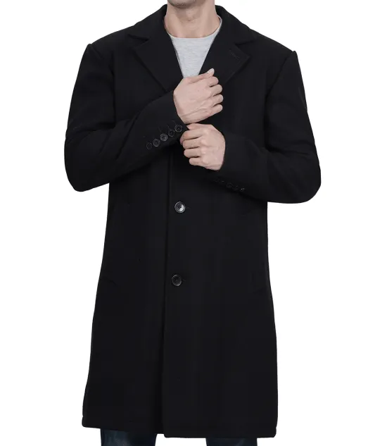 Mens Modern Fit Long Length Wool Black Topcoat