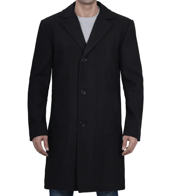 Mens Modern Fit Long Length Wool Black Topcoat