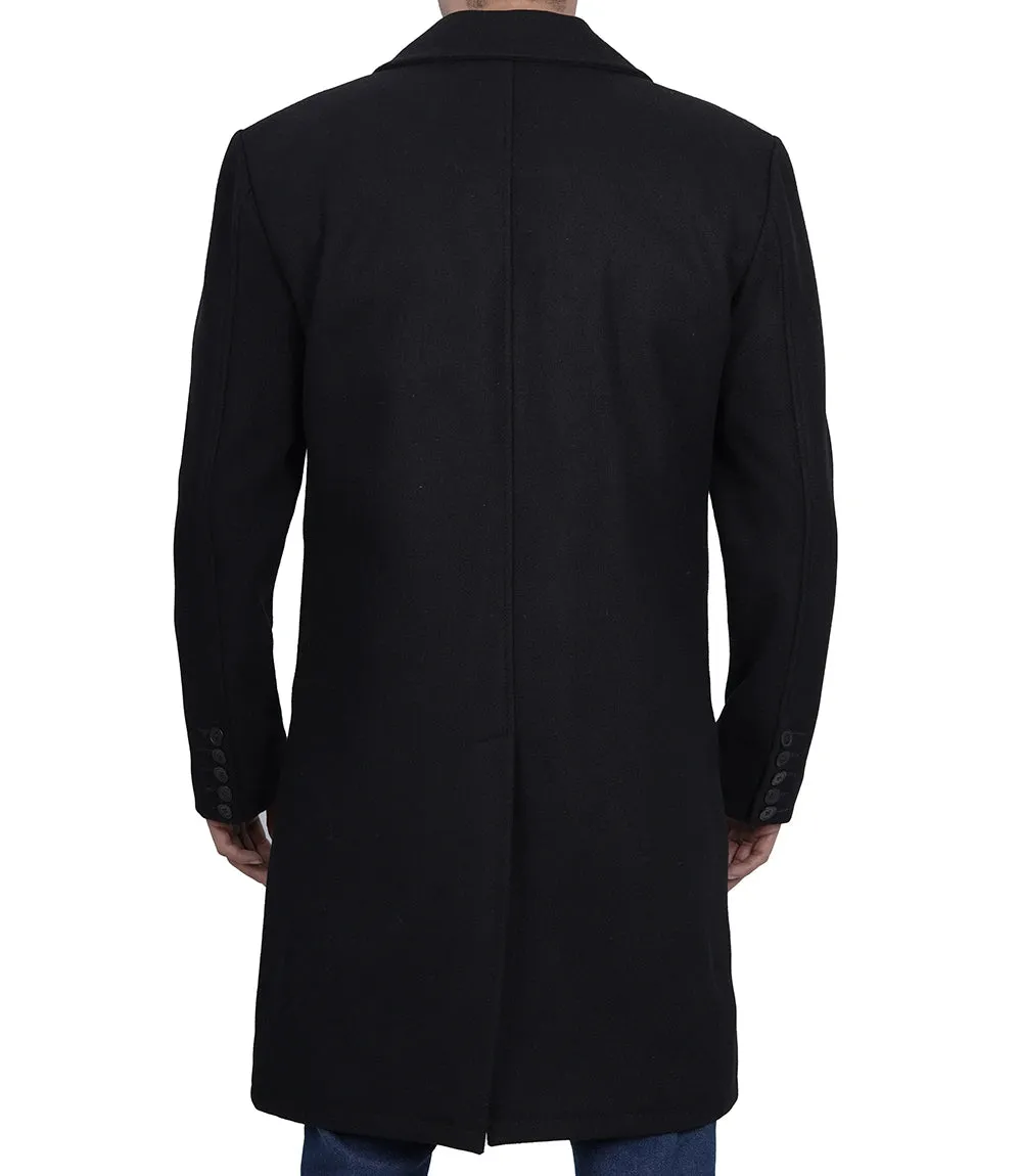 Mens Modern Fit Long Length Wool Black Topcoat