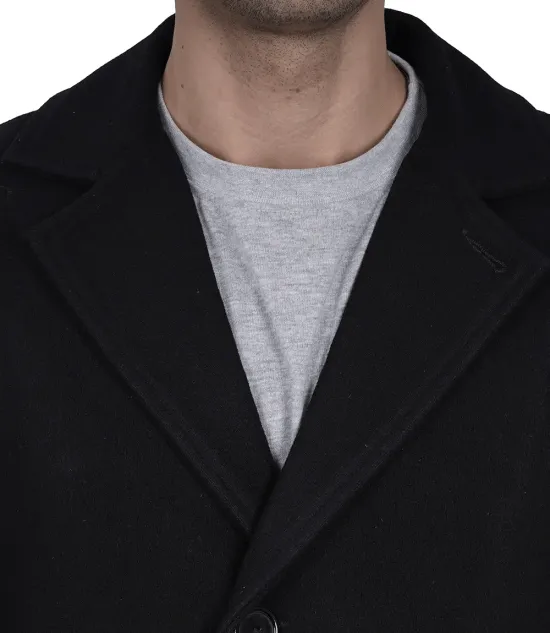 Mens Modern Fit Long Length Wool Black Topcoat