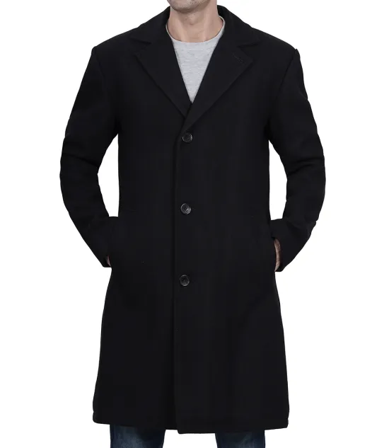 Mens Modern Fit Long Length Wool Black Topcoat