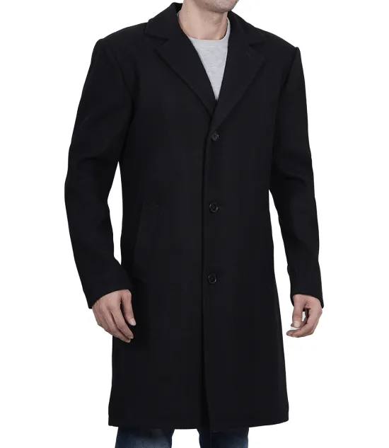 Mens Modern Fit Long Length Wool Black Topcoat