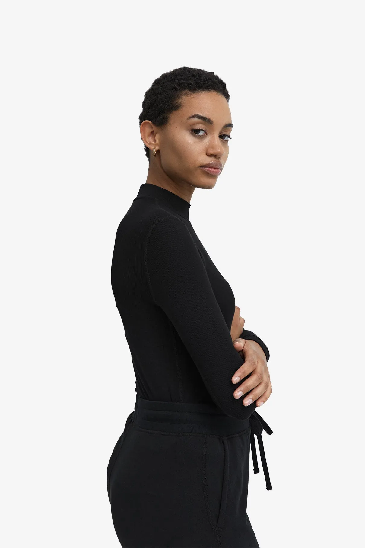 Modal Ribbed Mockneck Long Sleeve T-Shirt - Black