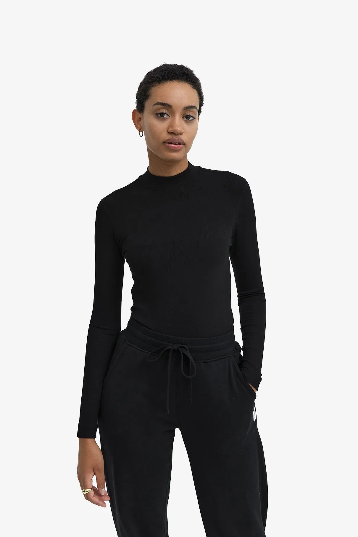 Modal Ribbed Mockneck Long Sleeve T-Shirt - Black