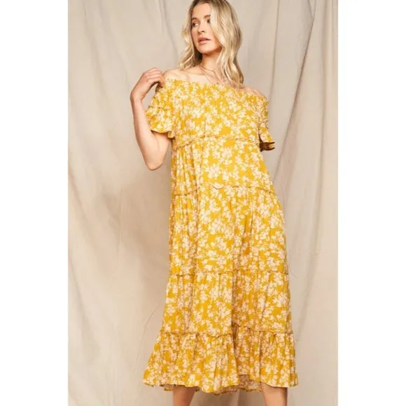 Moss Yellow Floral Flowly Bohemian Tiered Off The Shoulder Casual Midi Dress