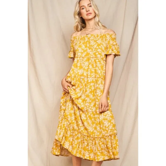 Moss Yellow Floral Flowly Bohemian Tiered Off The Shoulder Casual Midi Dress