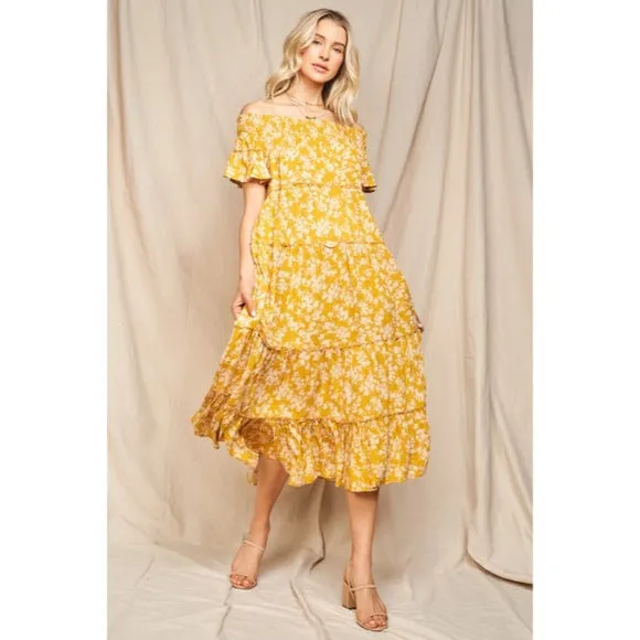 Moss Yellow Floral Flowly Bohemian Tiered Off The Shoulder Casual Midi Dress