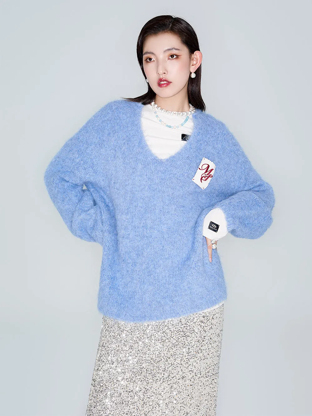 MUKZIN Linglong "Dusk Cloud" V-neck Oversized Alpaca Knitted Sweater